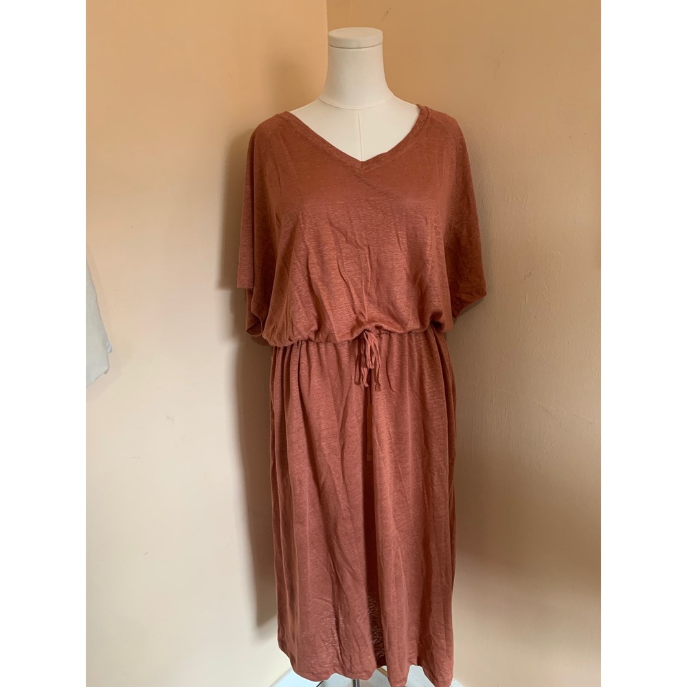 The Company Store XL/XXL Rust Orange Knit V-Neck Midi Dress Pockets Drawstring
